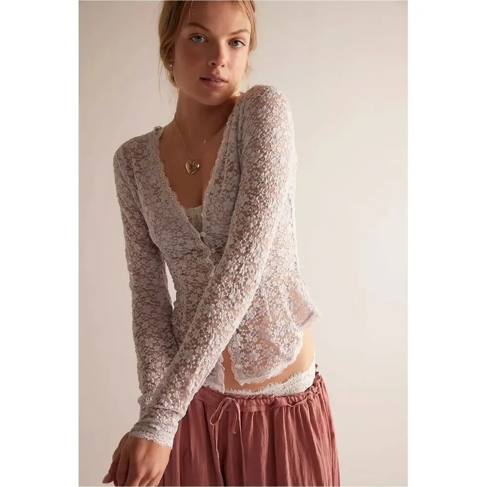 Free People Dainty Ethereal Cottage Lara Lace Top Light Lilac Ash Size Small NEW